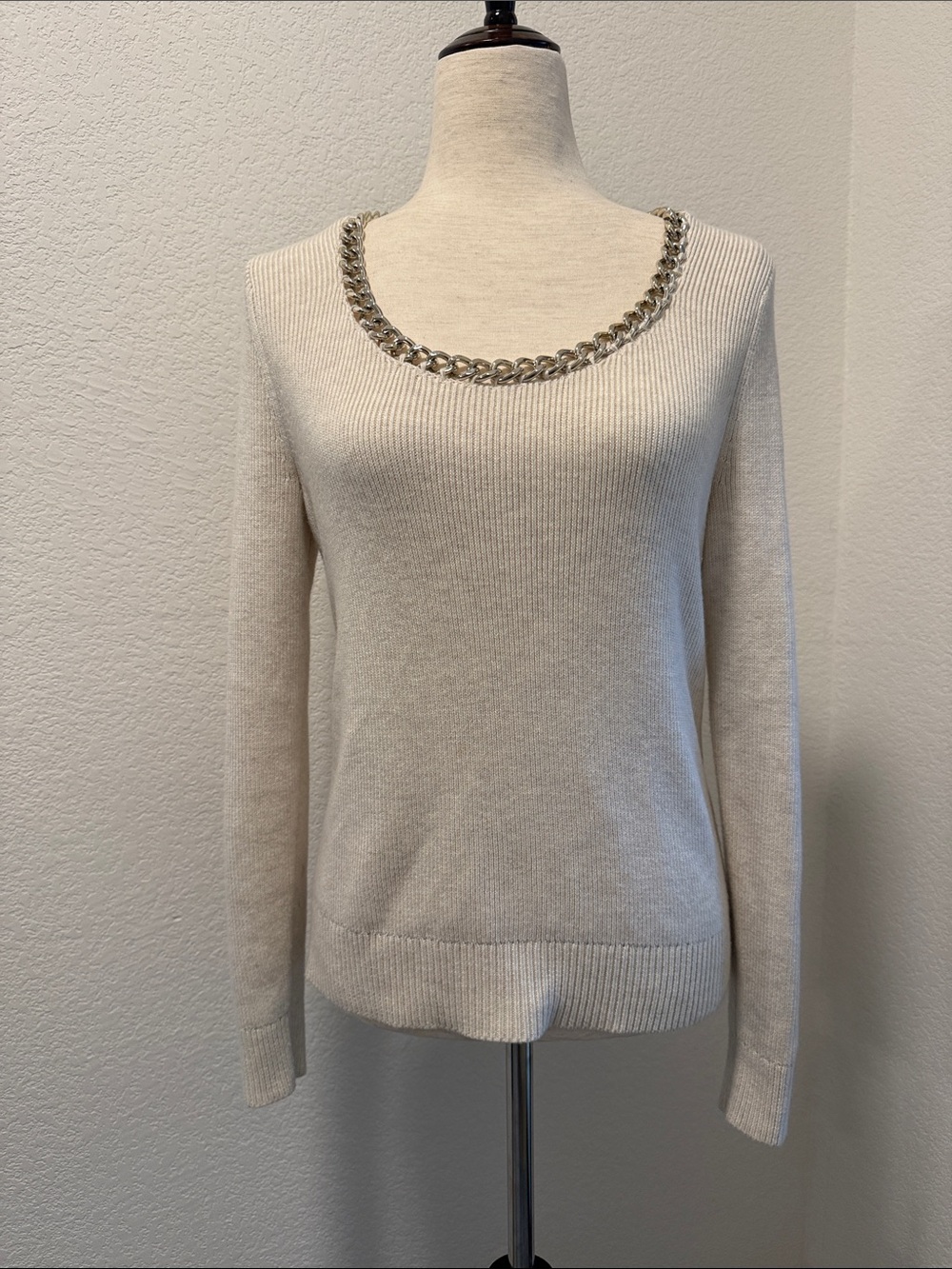 White House Black Market Cream Scoop Neck Sweater with Chain Trim